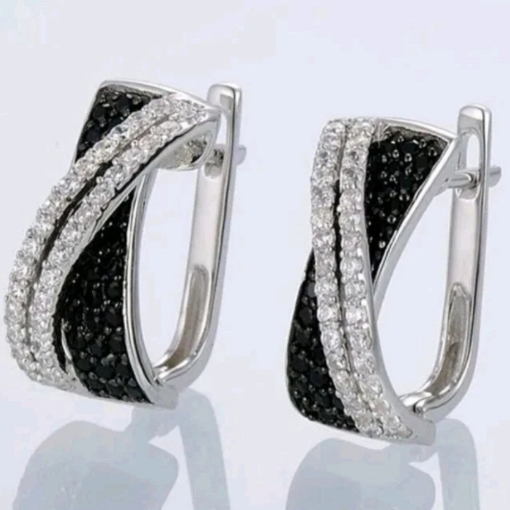 Lab-Created Black/Diamond Cluster Crossover Hoop Earrings 14K White Gold Plated